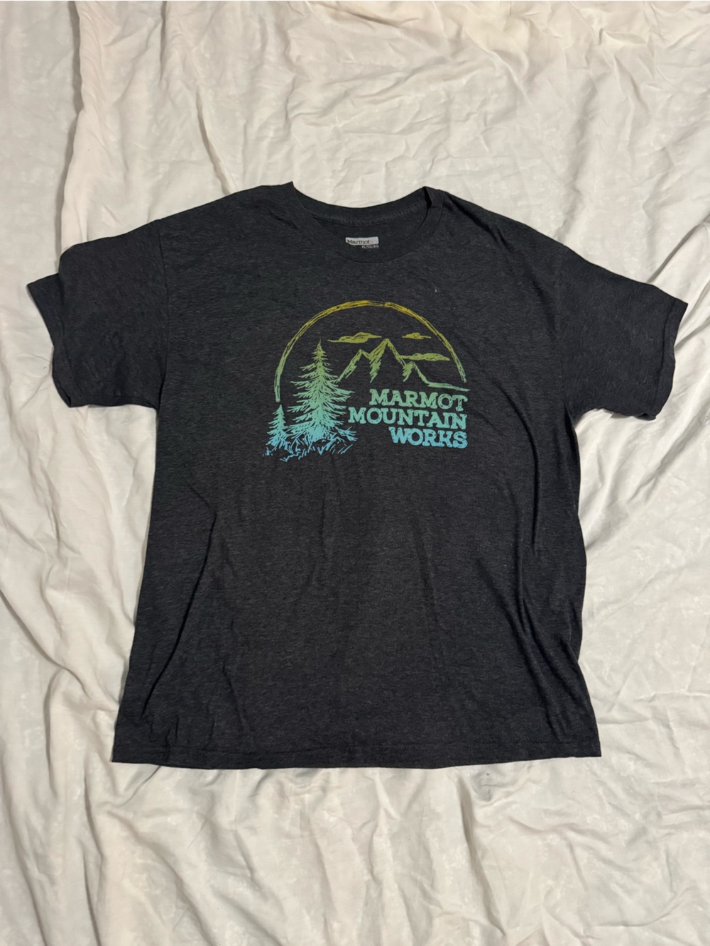 Marmot Black Tee with Teal & Yellow Mountain Graphic